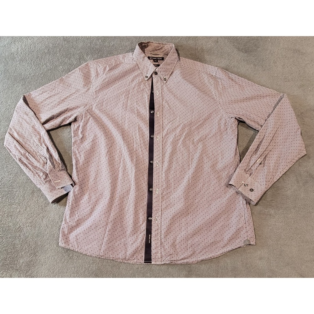 Michael Kors Mens XL Slim Fit Button Down Purple/Plum Micro Check Long Sleeve